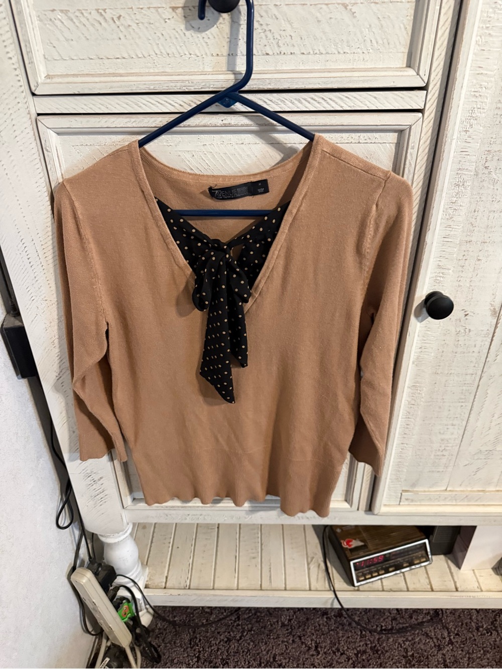 New York & Company Camel V-Neck Sweater with Black Polka Dot Tie